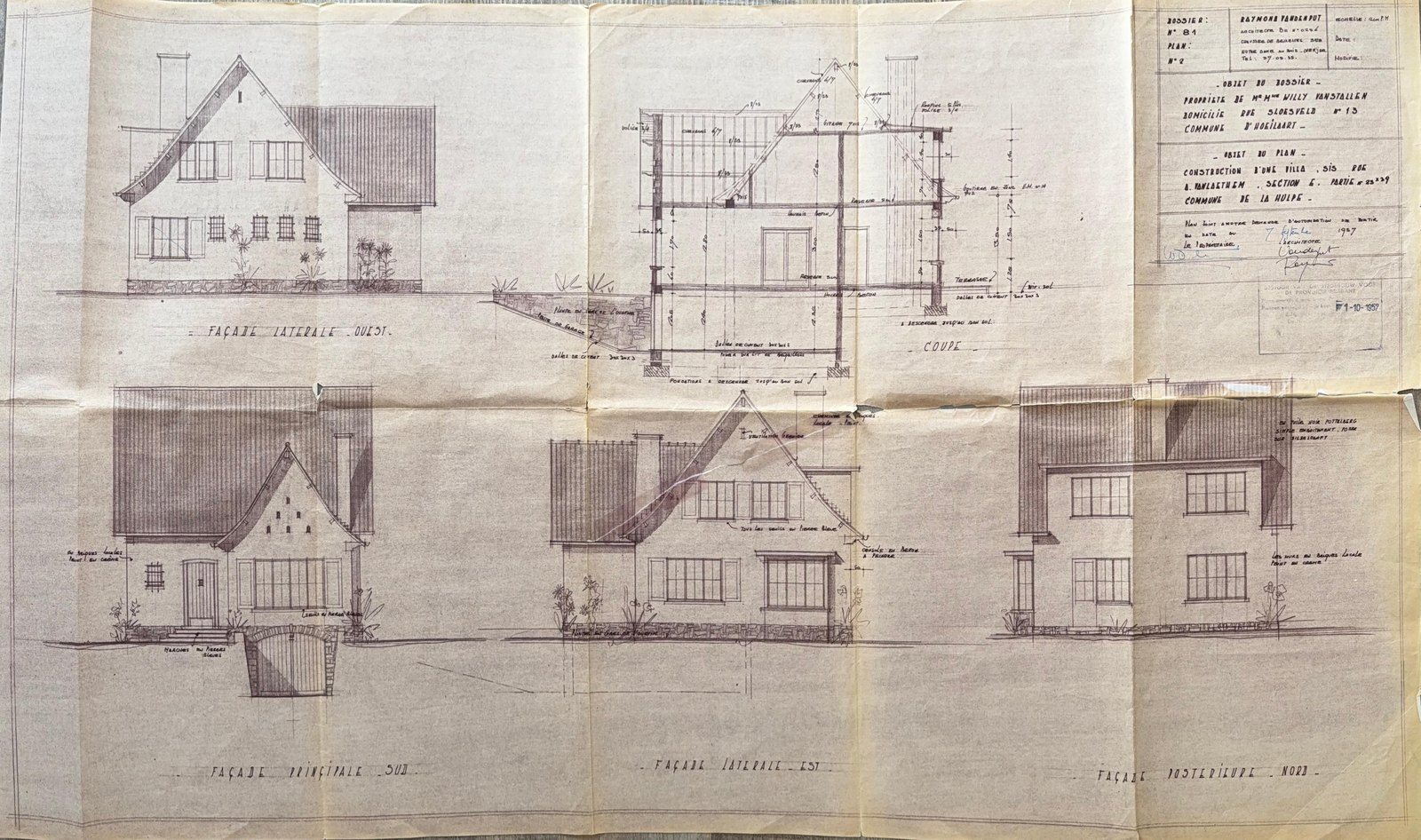 Originele gevelplannen en doorsnede van de woning